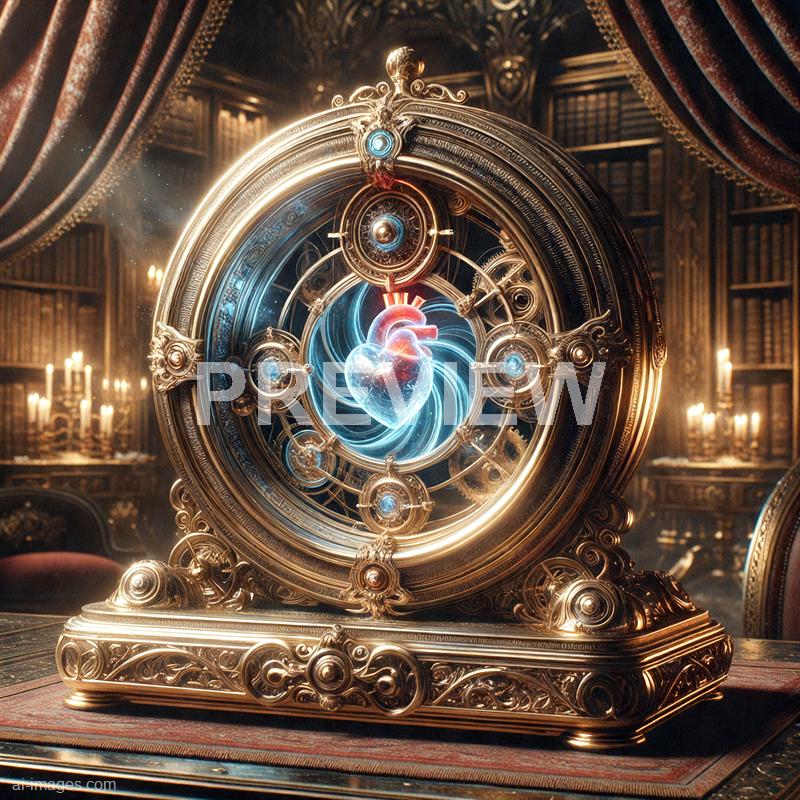 The image features an ornate, golden, and intricately detailed mechanical clock with a glowing, holographic heart at its center. The clock is set in a luxurious, dimly-lit room filled with tall bookshelves and flickering candles, creating a mysterious and elegant atmosphere. The glowing heart appears to be a blend of digital and biological elements, emitting swirling blue and red energy, suggesting themes of time, life, and technology.